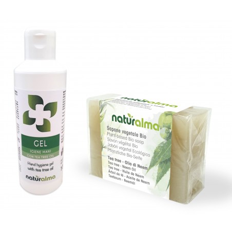 Gel Igiene Mani con Tea Tree oil (100 ml) + Sapone vegetale al Tea Tree e Olio di Neem BIO (100 g) - Naturalma